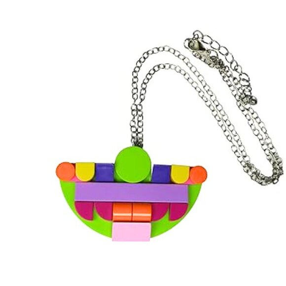 Upcycled Lego Brick Modern Mosaic Necklace & Earrings in Pink, Orange, Green, - Picture 3 of 3